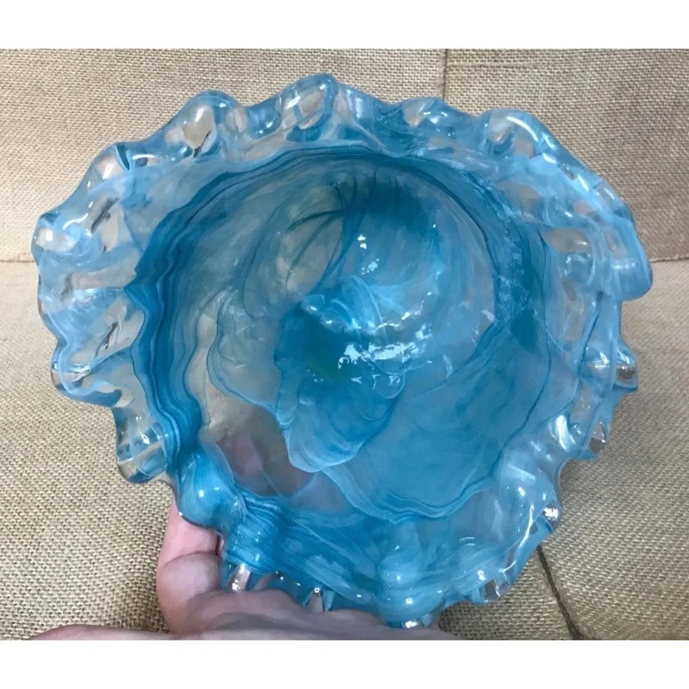 Blue Ripple Swirl Art Glass Vase Scalloped Asymmetrical Rim Beach Coastal Ocean